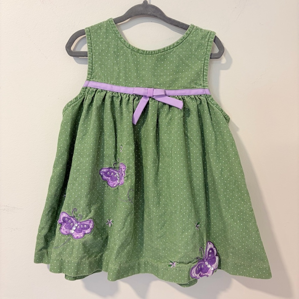 Rare Editions 24M Green Corduroy Jumper Dress Purple Butterfly Polka Dot Cotton
